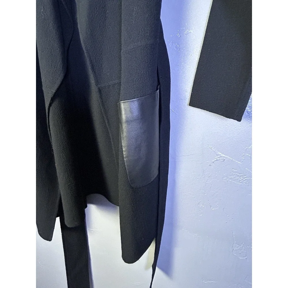 Women's Per Se Black Wool Cardigan W/ Leather Pockets With Tie Belt Size L